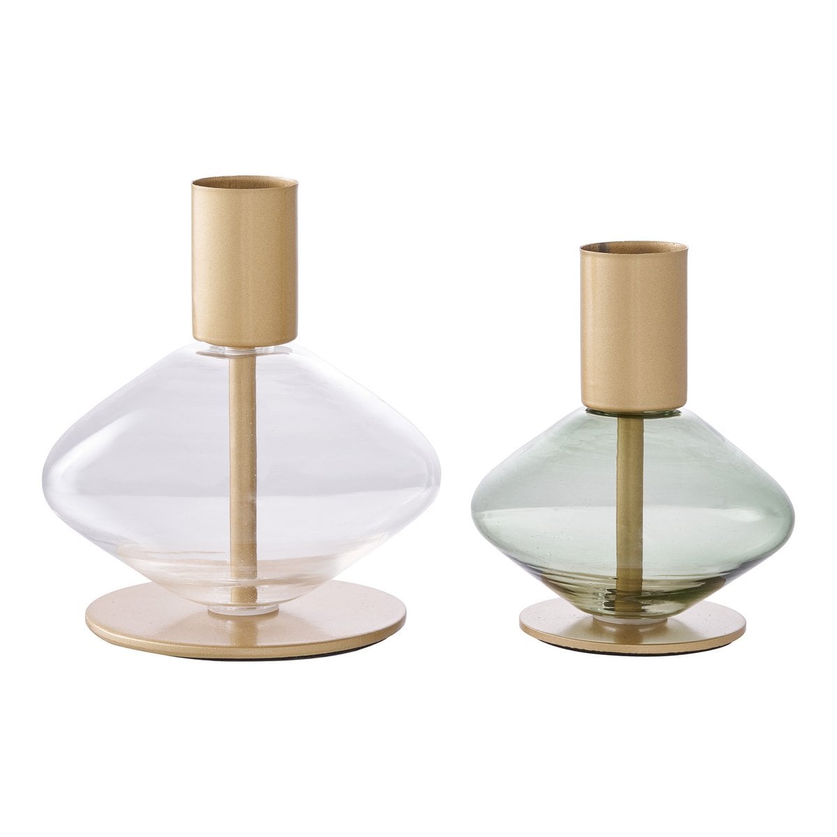 Détail du bougeoir avec base en verre vert et métal doré
