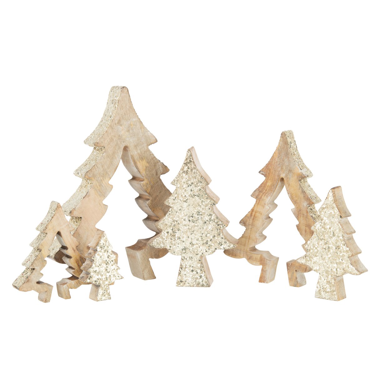Vue latérale du sapin de Noël en bois doré, mettant en valeur les paillettes