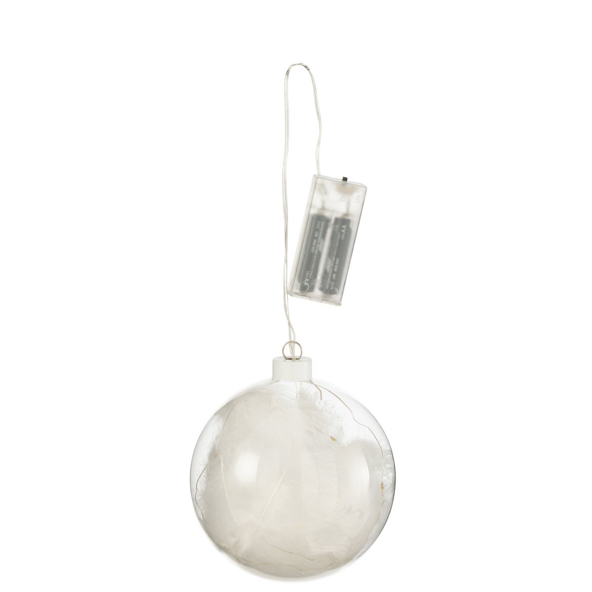 Détail de la boule en verre blanc J-Line, mettant en avant les plumes.