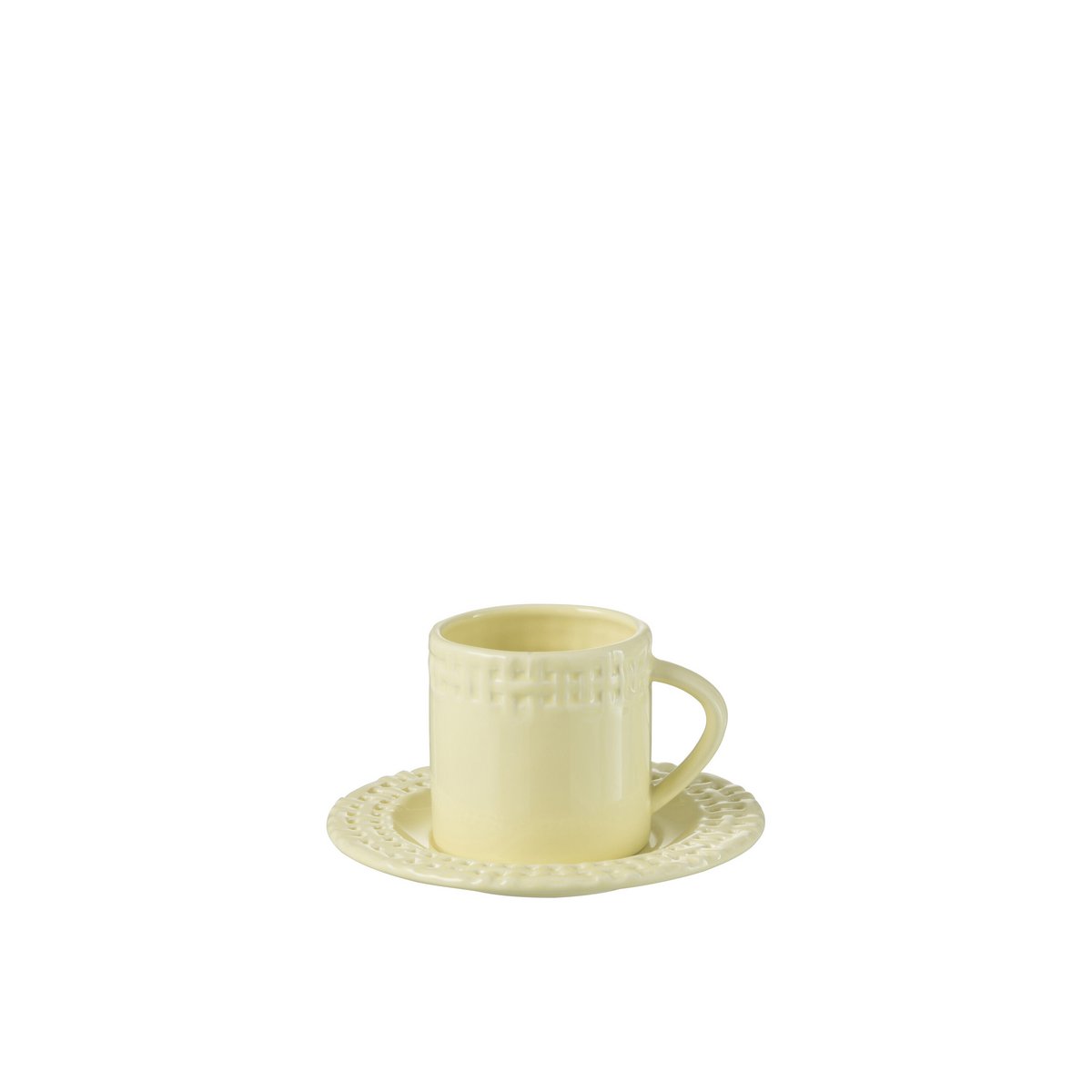 Détail de la céramique jaune de la tasse J-Line avec soucoupe
