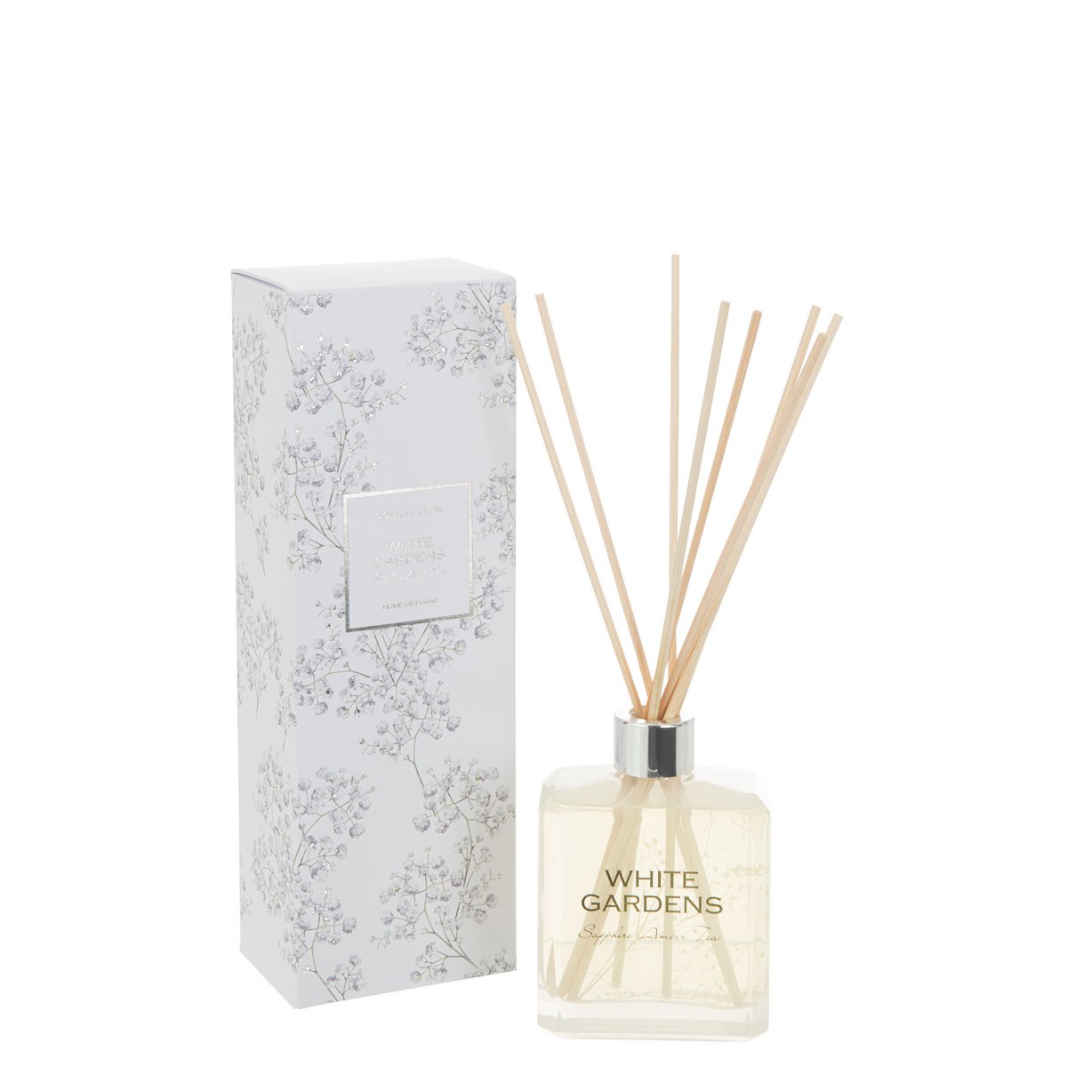 Bâtonnets parfumés J-Line White Gardens en verre blanc, ambiance élégante et florale