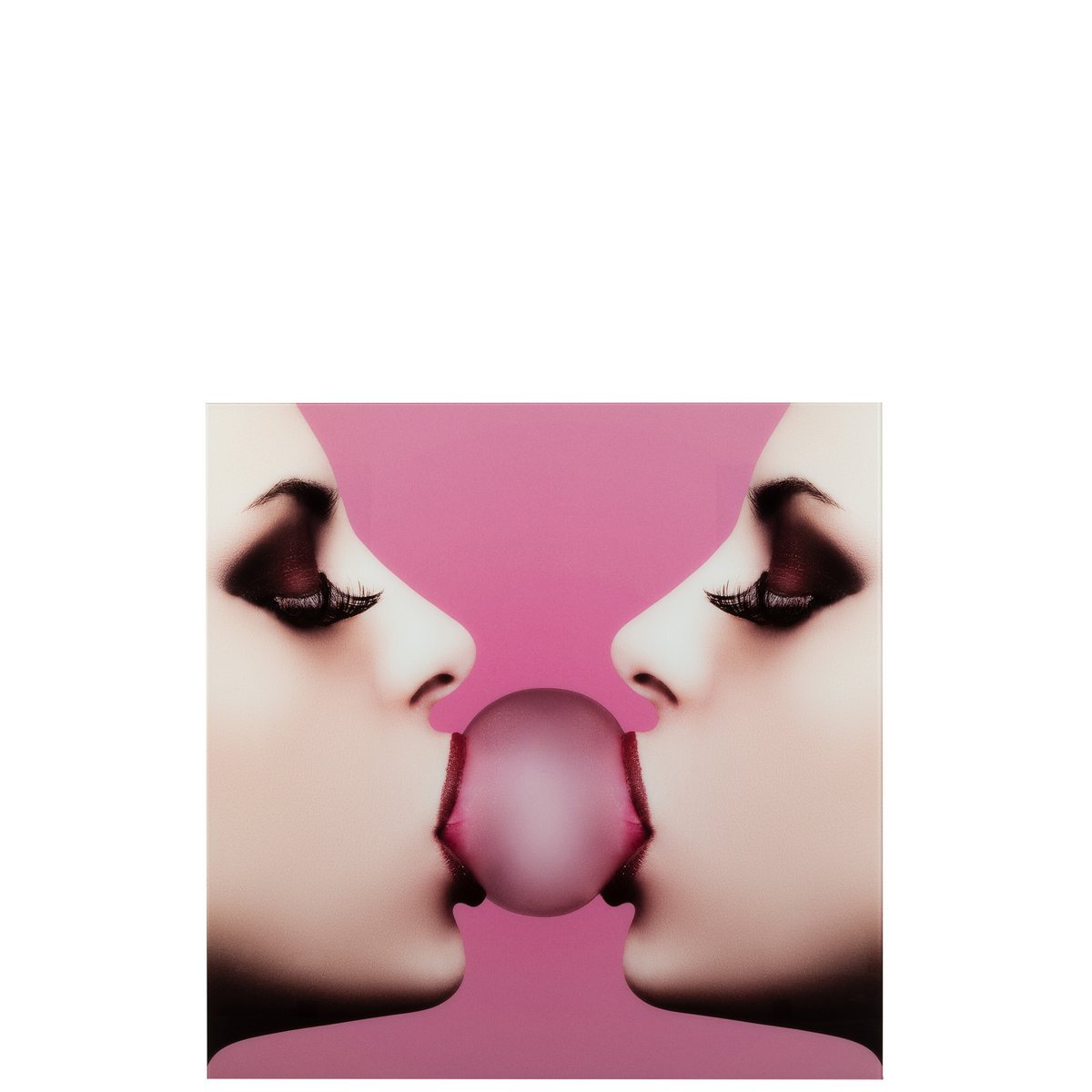 Vue latérale de la déco murale Bubble Gum en verre rose