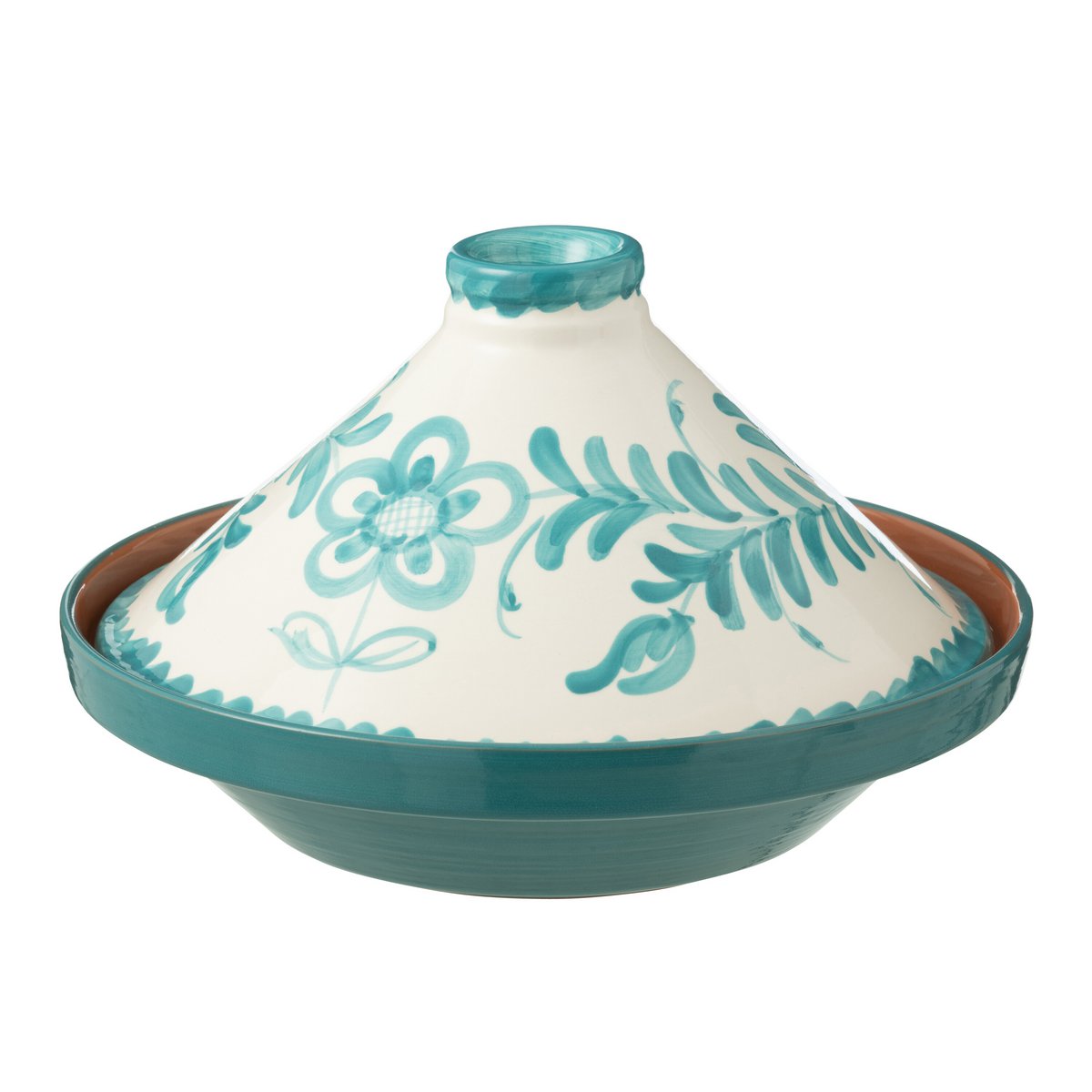 Tajine Grenade J-Line en céramique blanche et aqua, vue de face.