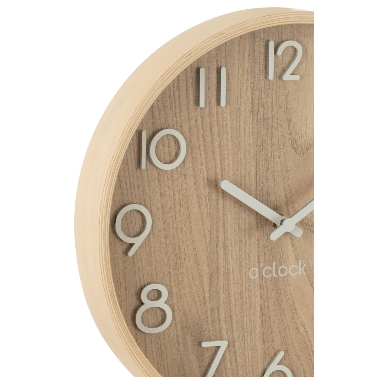Horloge murale J-Line en bois naturel, vue de face