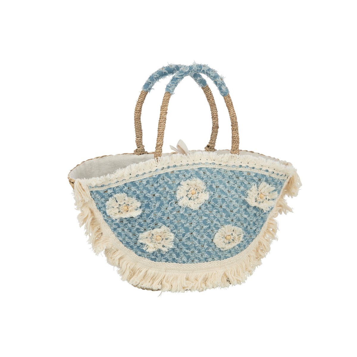 Sac de plage J-Line avec fleurs et franges en denim et seagrass, vue avant