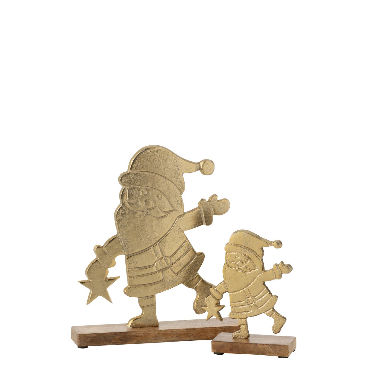 Détail de l'étoile du Père Noël sur pied, mettant en valeur le design en aluminium et bois.