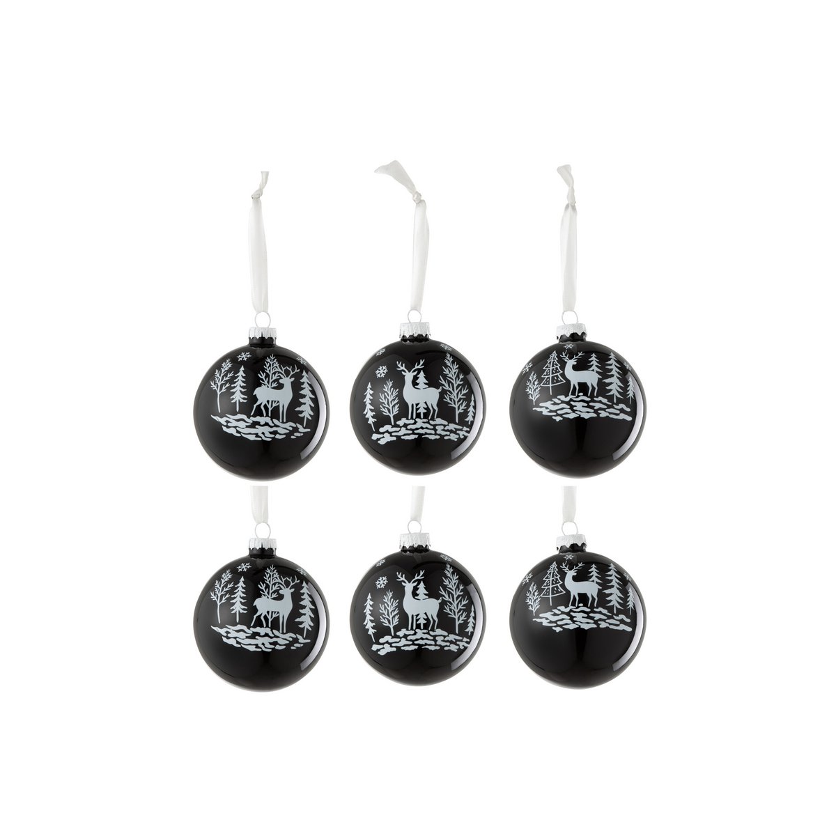 Boule de Noël J-Line Renne en verre noir et blanc, boîte de 6