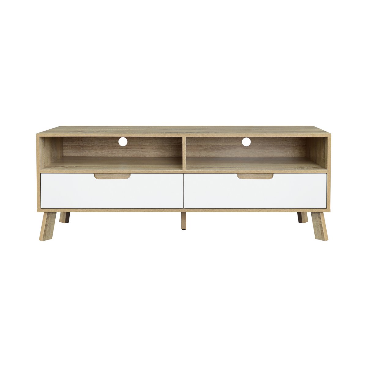 Lowboard scandinave en bois et blanc avec tiroirs et compartiments