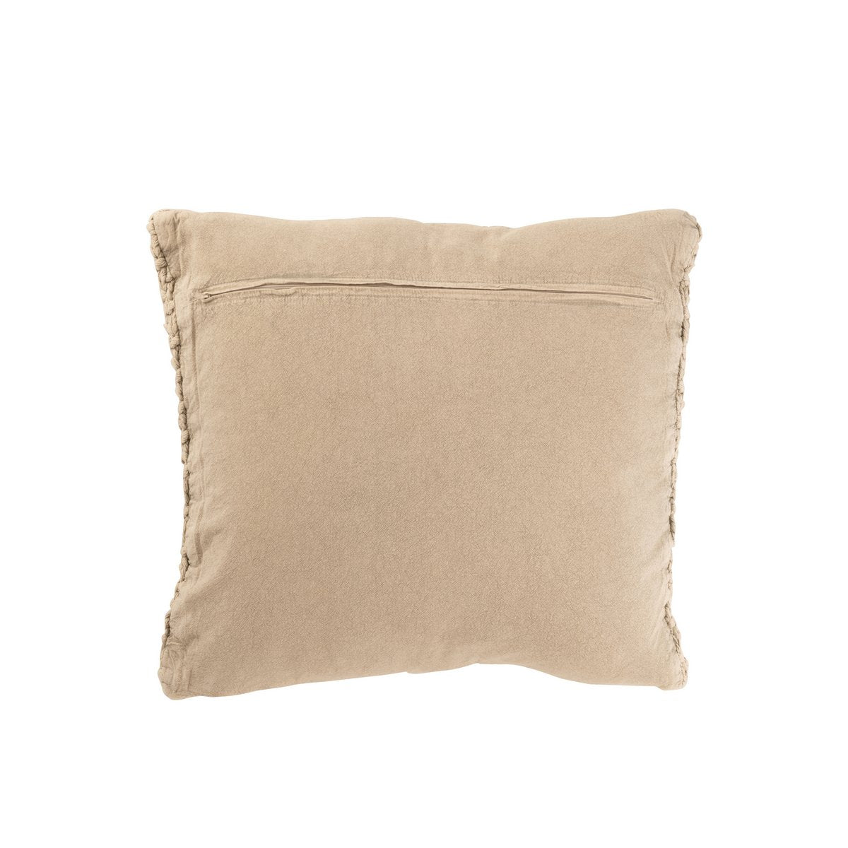 Détail du coussin J-Line en coton lavé beige, texture tricot et tresse