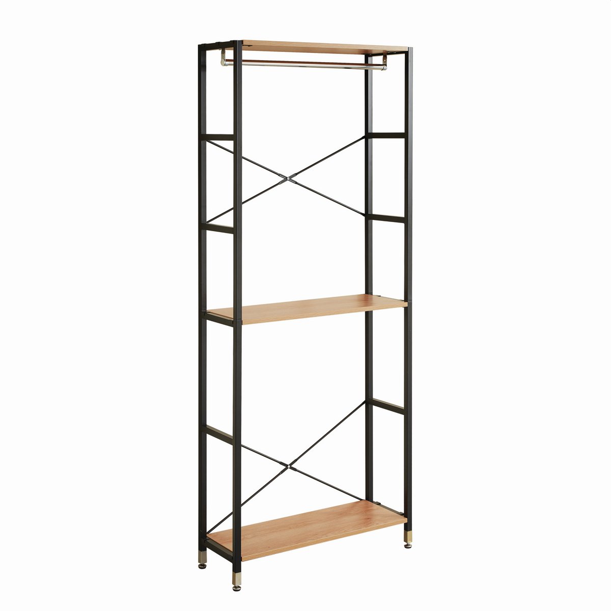 Détail de l'étagère en MDF plaqué aspect acacia et cadre en métal