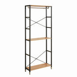 Détail de l'étagère en MDF plaqué aspect acacia et cadre en métal