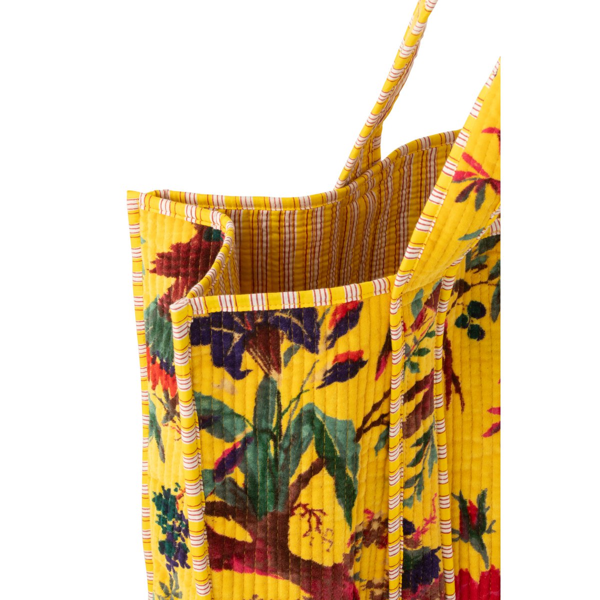 Détail du sac d'oiseaux J-line en velours floral jaune, mettant en avant le motif