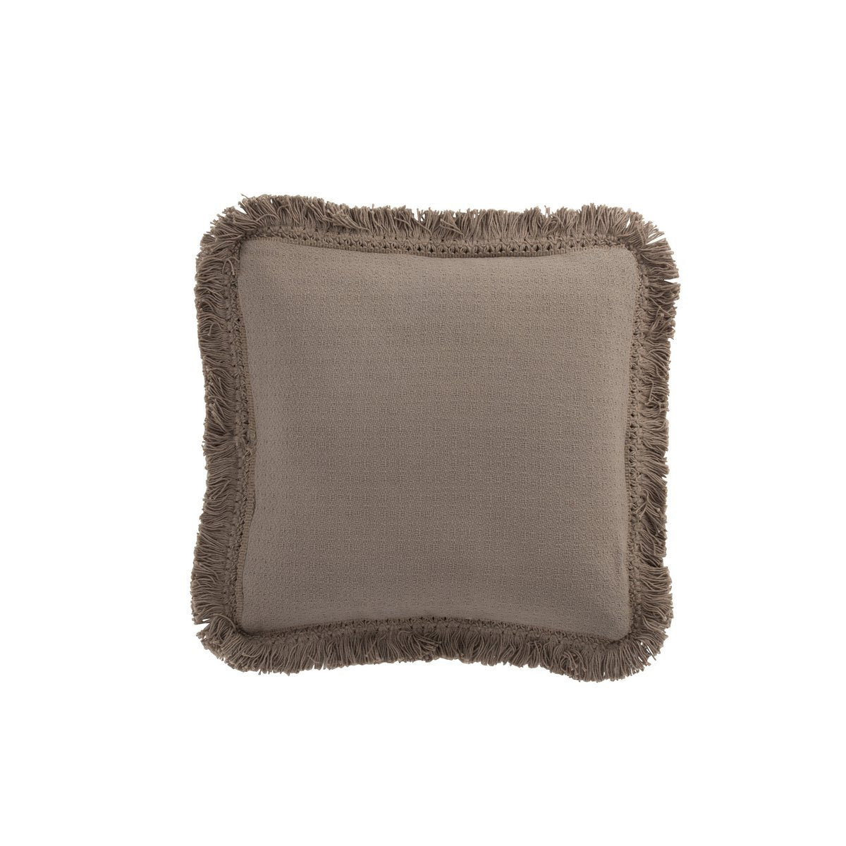 Détail du coussin J-Line en coton taupe montrant les franges