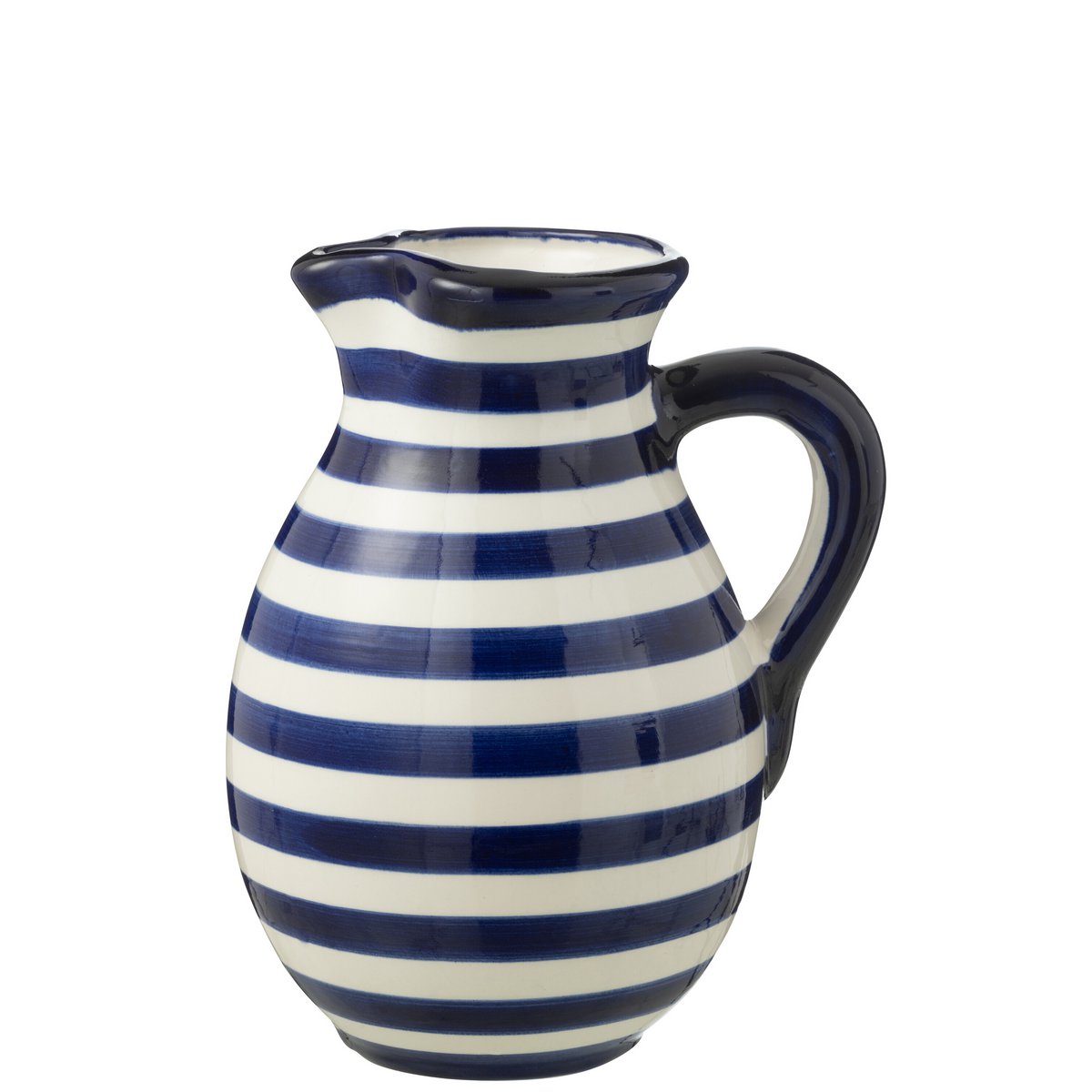 Jug Grenade Stripes J-Line en céramique blanche et bleue, vue de face