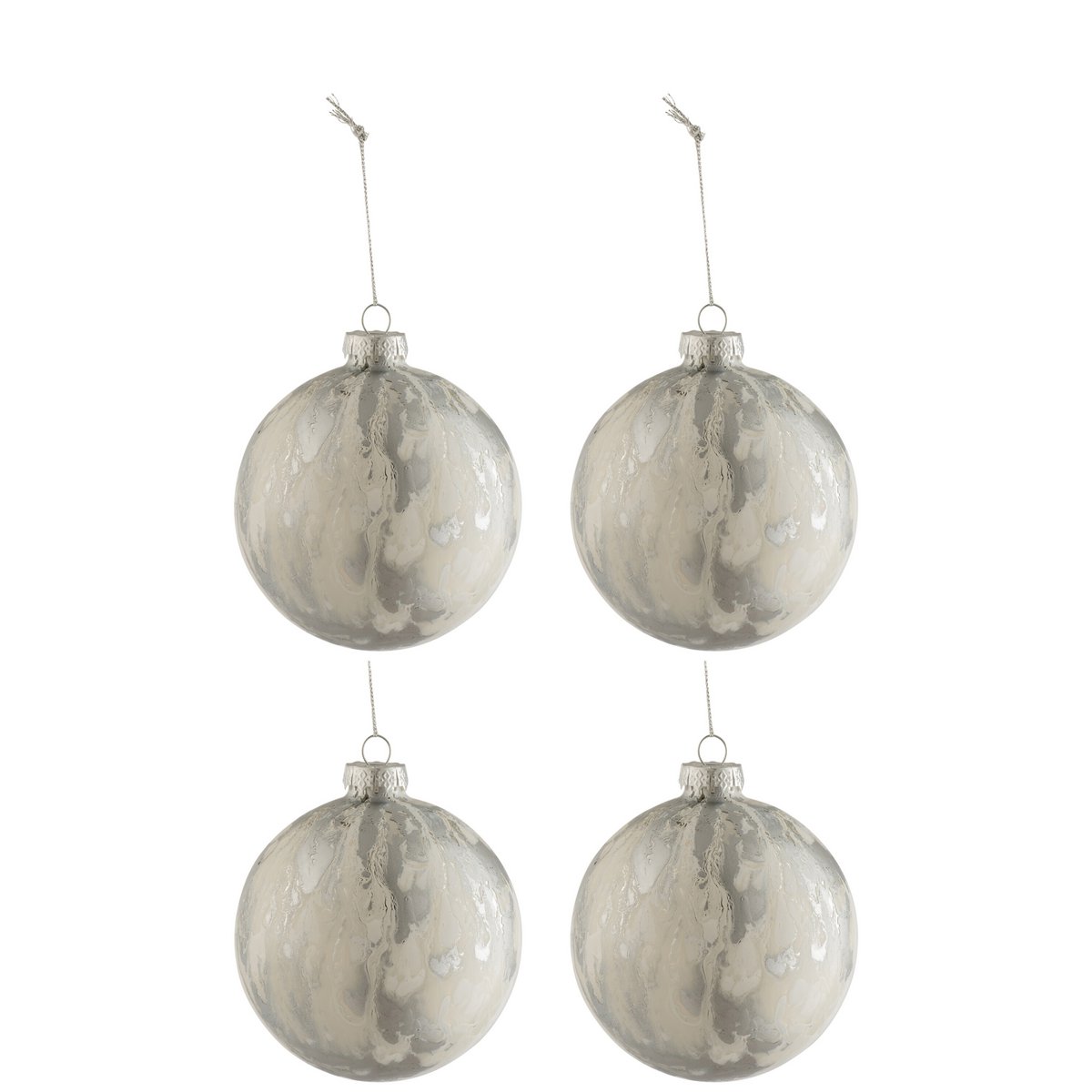 Boule de Noël J-Line en verre marbré blanc et argent, boîte de 4