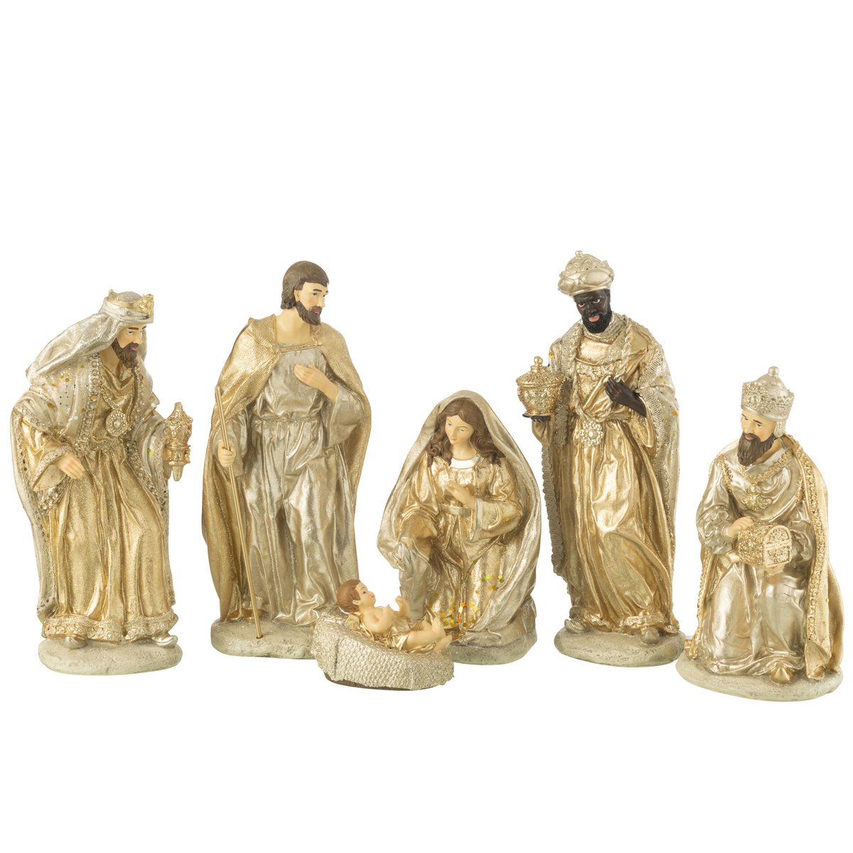 Crèche J-Line en résine argent et or, six pièces élégantes pour décoration de Noël