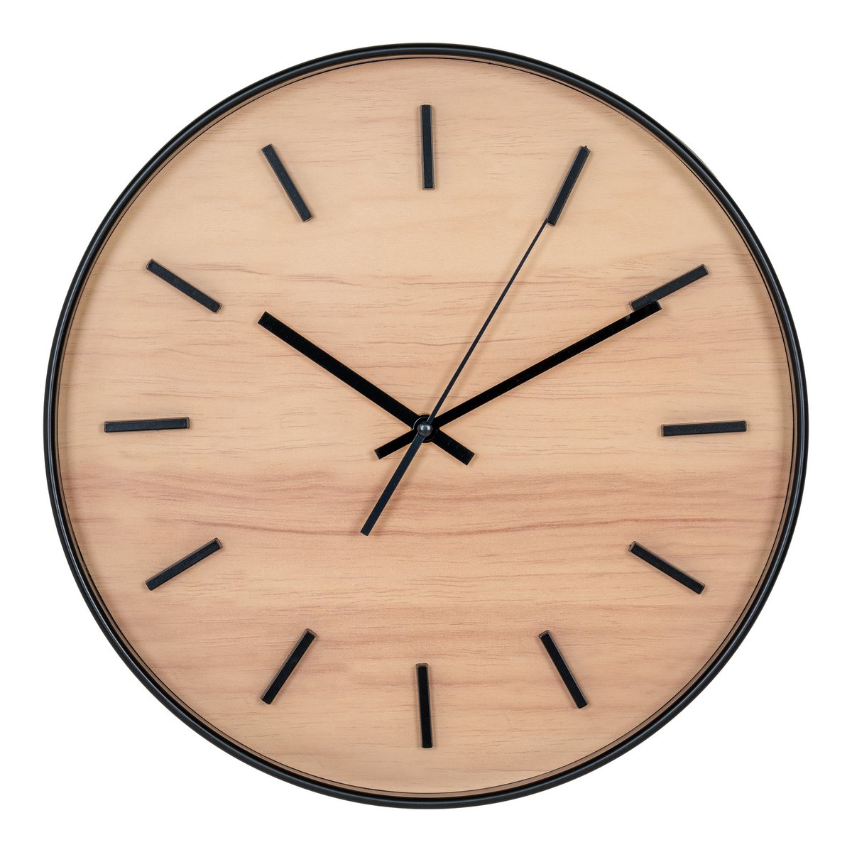 Horloge Murale Camden avec cadre noir et cadran naturel, vue de face