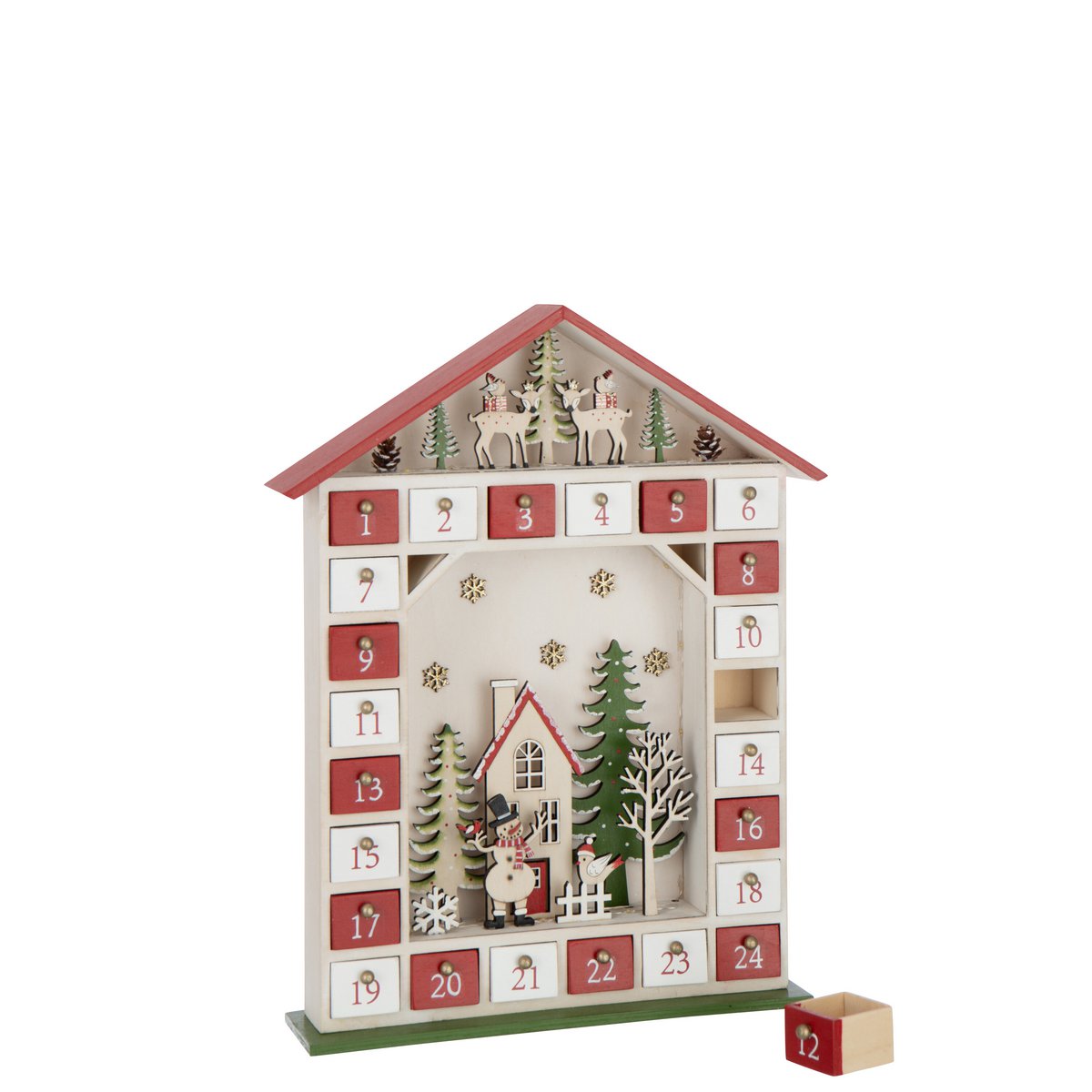 Calendrier de l'Avent J-Line sur une table, ajoutant une touche festive.