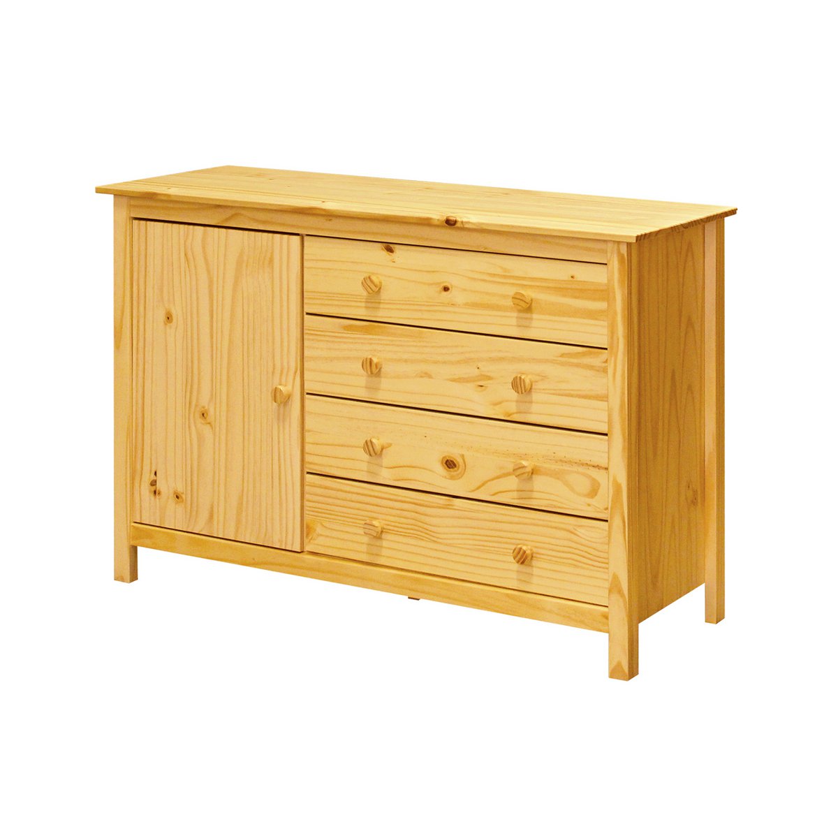 Commode en bois de pin massif avec quatre tiroirs et une porte