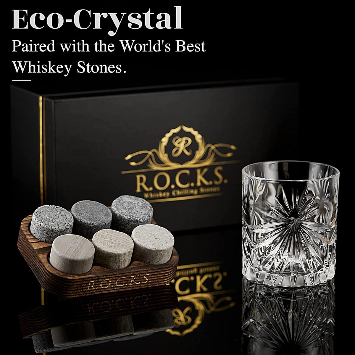 Coffret dégustation avec verre en cristal Soleil et pierres à whisky