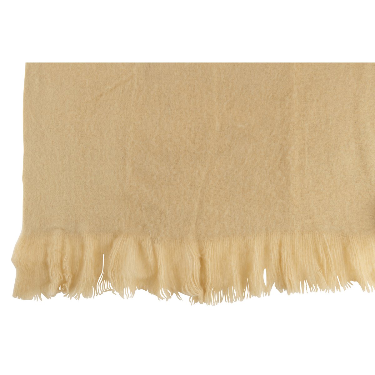 Détail du plaid frange beige J-Line sur un canapé moderne