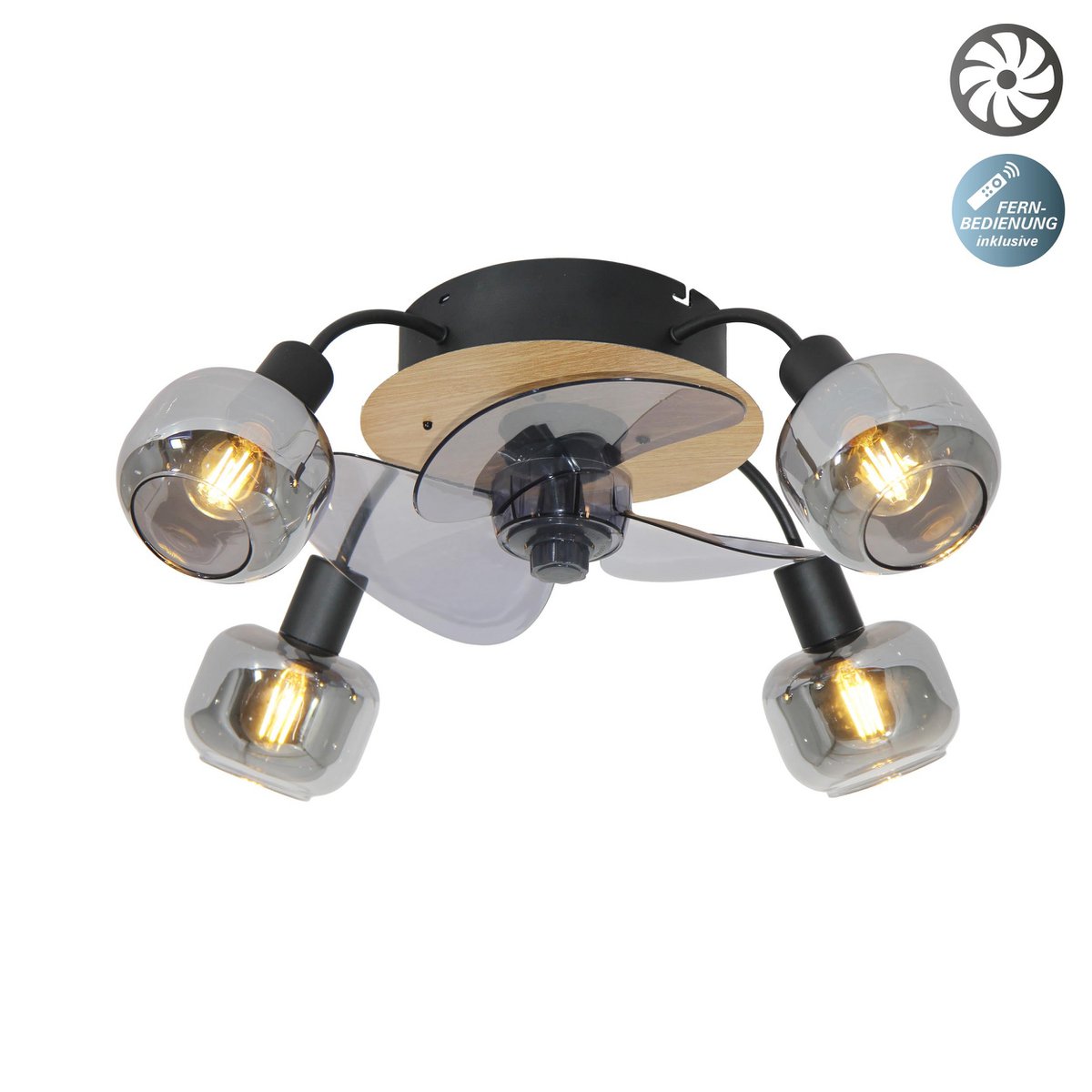 Plafond comprenant le ventilateur "Fumoso", en noir, brun et nature, pour E27, Ø 51 cm