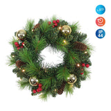 Couronne de Noël LED "Noel" Décoration extérieure en métal et en plastique en vert et en or, avec des LED fermement installés