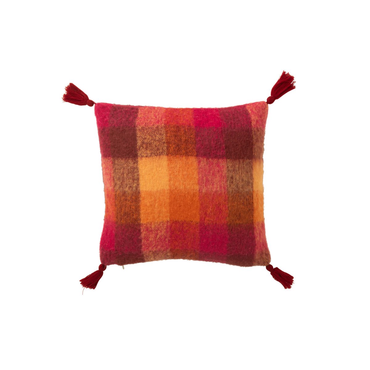 Coussin J-Line carreaux pompons - vue latérale mettant en valeur les pompons
