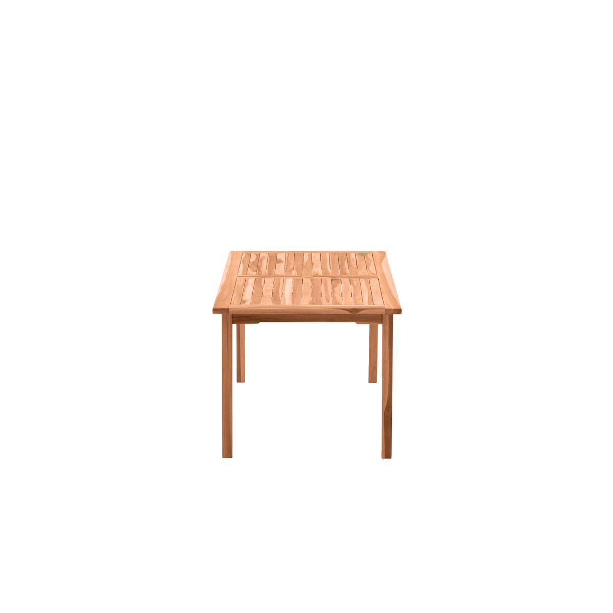 Table de jardin en teck avec cadre classique à quatre pieds, installée en extérieur
