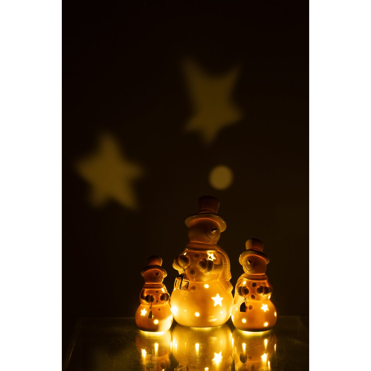 Figurine Bonhomme de neige J-Line en porcelaine écru avec lumières LED