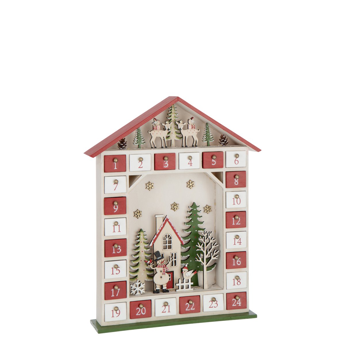 Calendrier de l'Avent J-Line en bois rouge et blanc, élégant et festif.