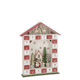 Calendrier de l'Avent J-Line en bois rouge et blanc, élégant et festif.