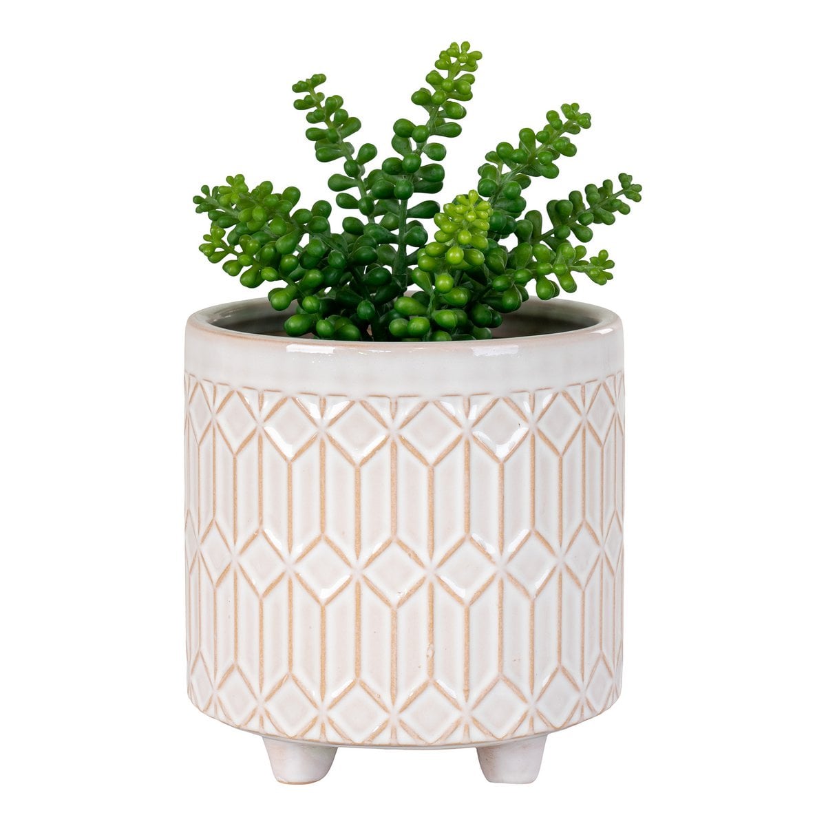 Pot de fleurs en grès blanc, détail du motif géométrique