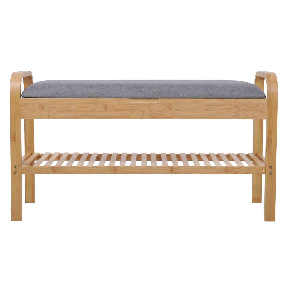 Banc à chaussures en bambou avec coussin gris, vue de face