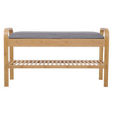 Banc à chaussures en bambou avec coussin gris, vue de face