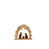 Détails de la crèche en bois J-Line sur une table décorée pour Noël