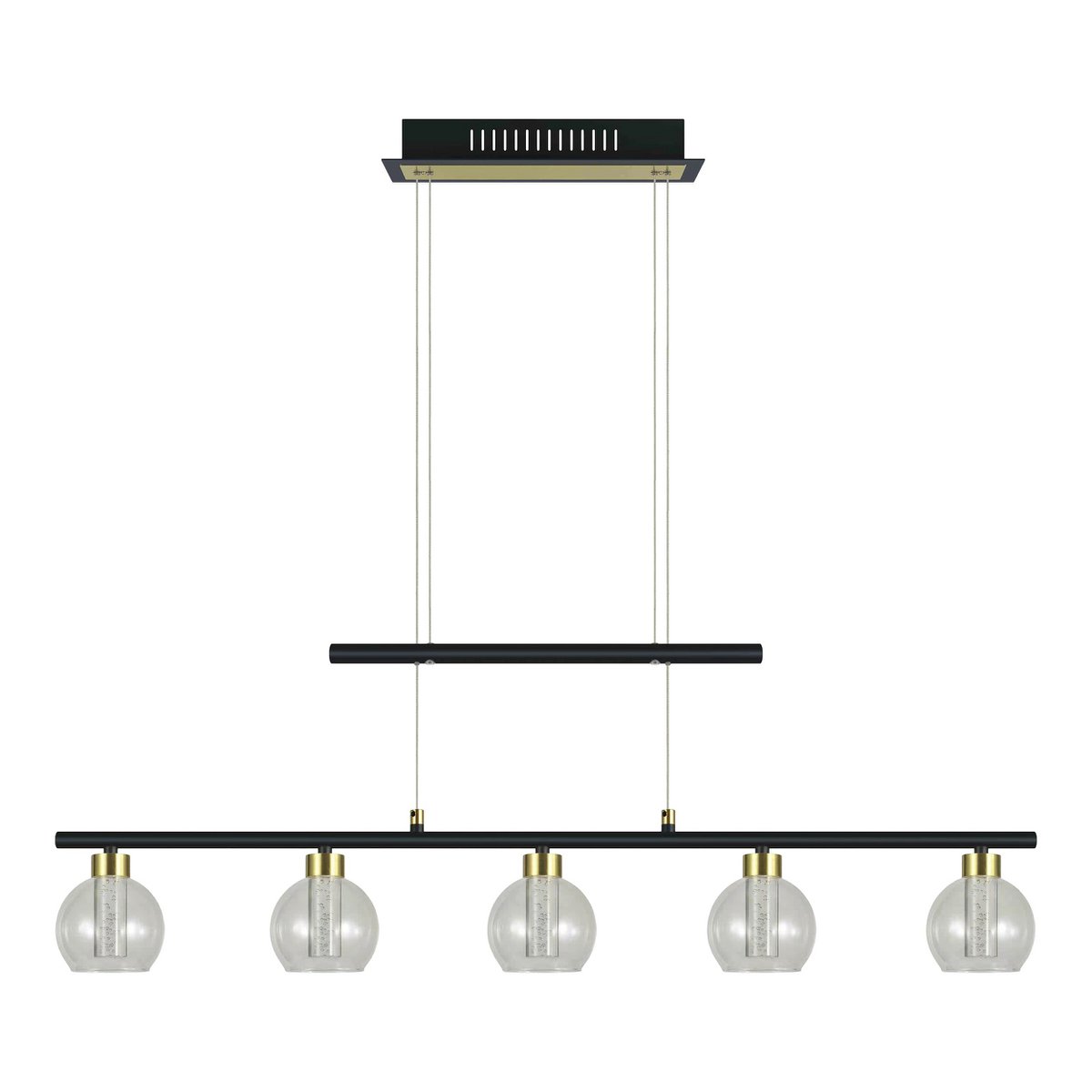 LED GLASS PENDANT LEIL "BRASS" Noir, classique et suspendu en métal noir et verre, avec des LED fermement intégrées, éclairage pour le salon, la salle à manger ou le bureau, 90 cm de long
