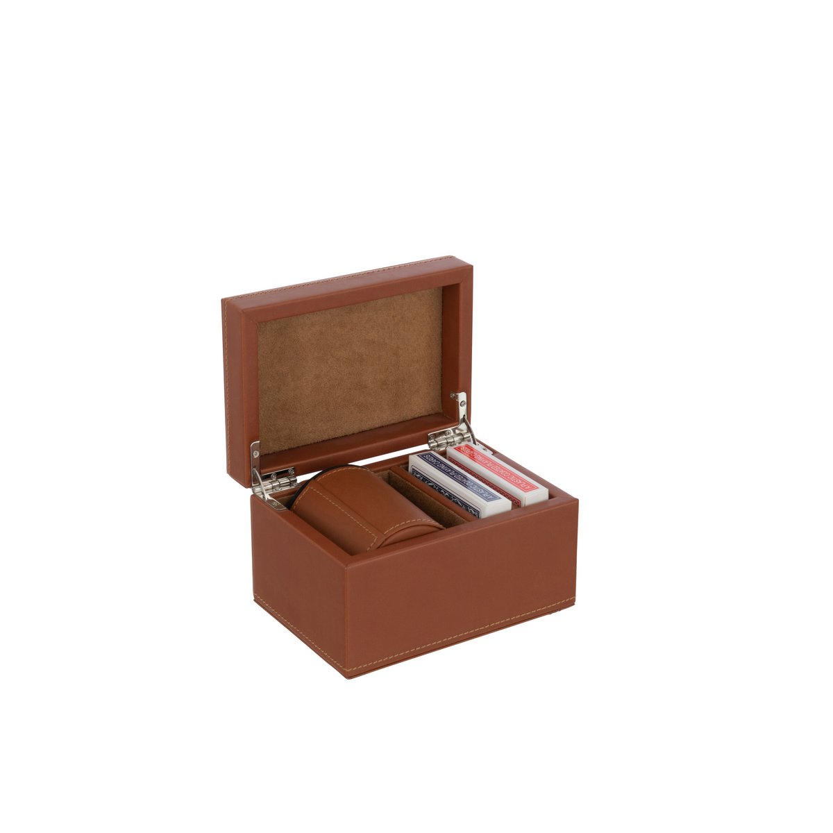 Détail du cuir artificiel cognac de la boîte de jeu J-Line