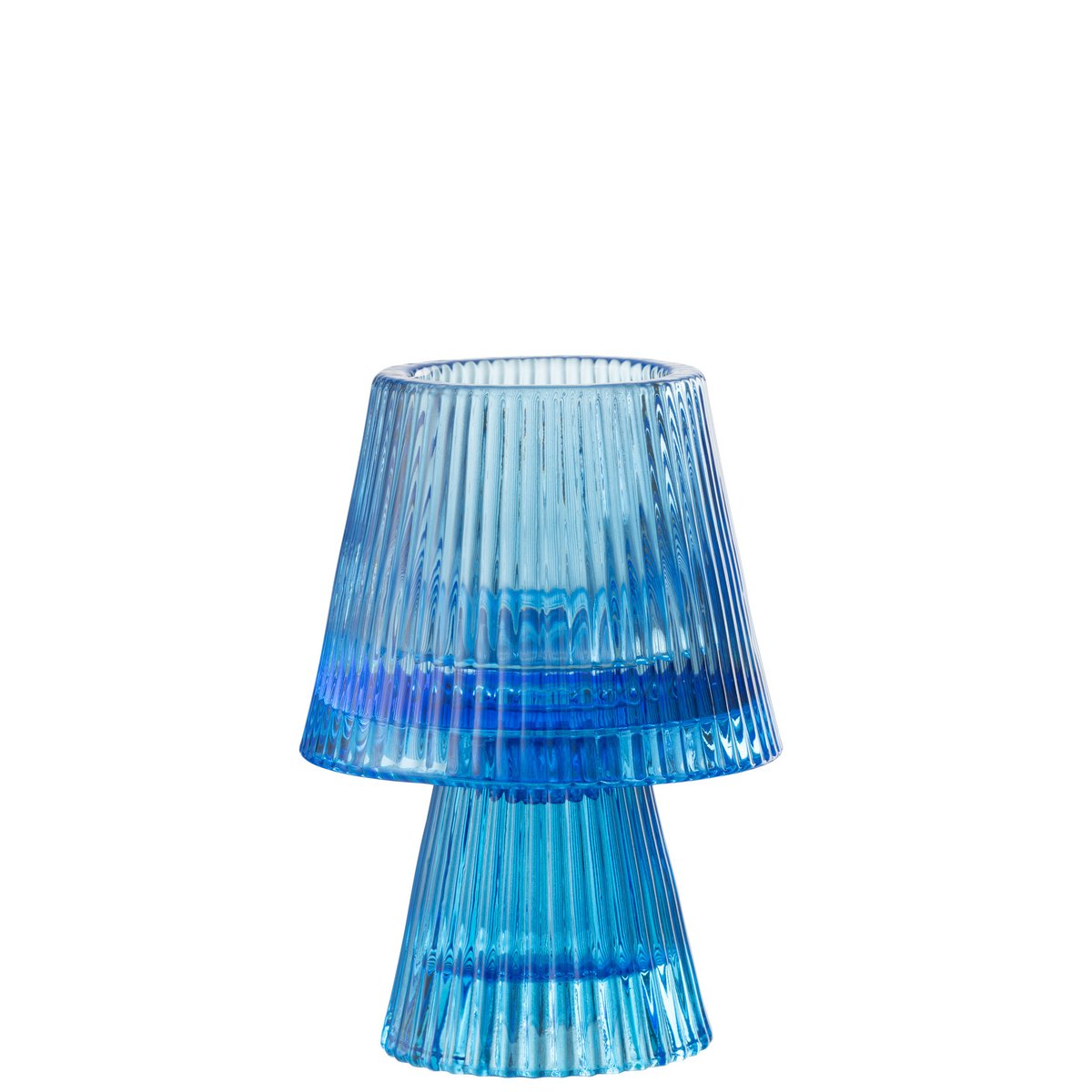 Photophore J-Line Hat en verre bleu, parfait pour créer une ambiance chaleureuse.