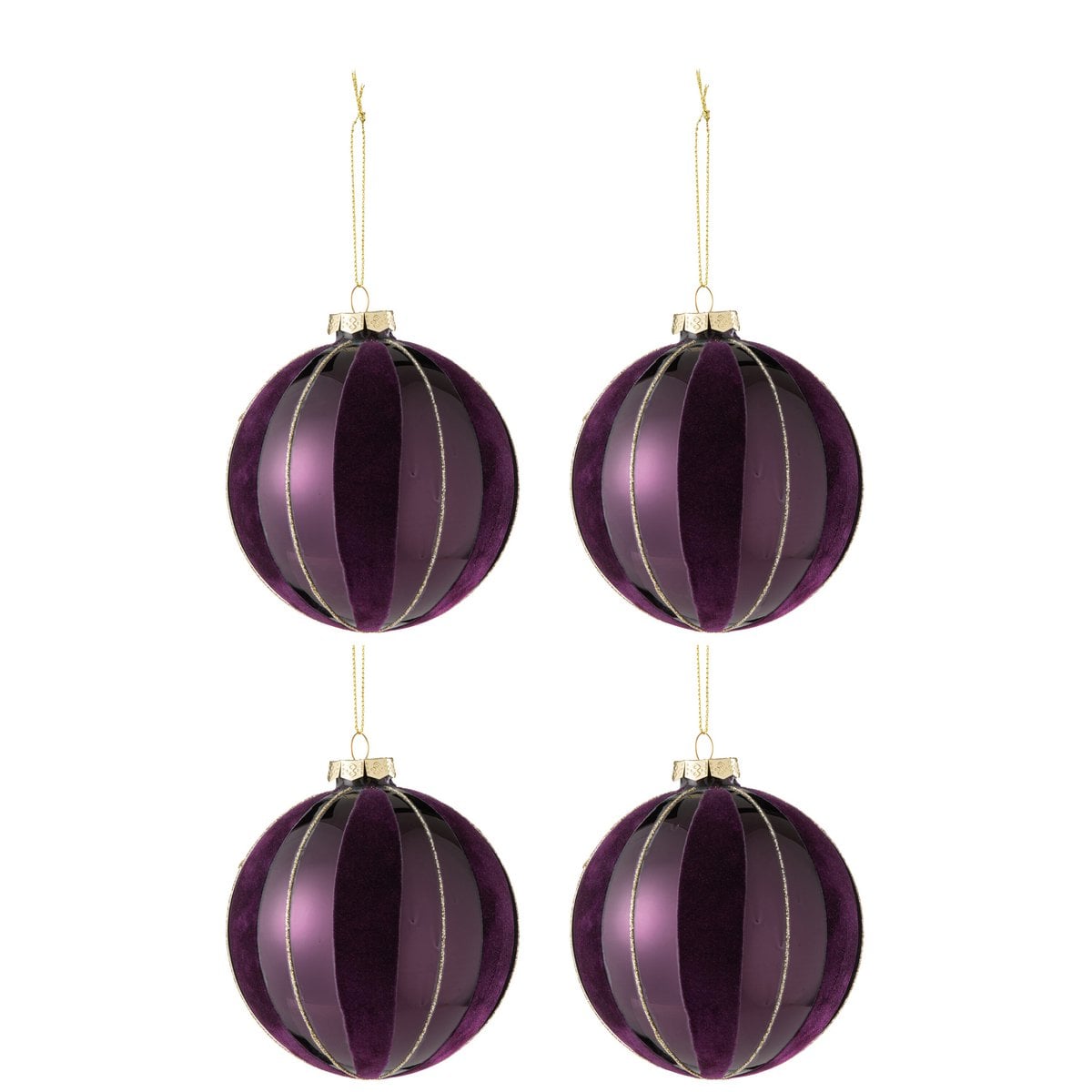 Boule de Noël J-Line en verre et velours violet et or, ensemble de 4 pièces
