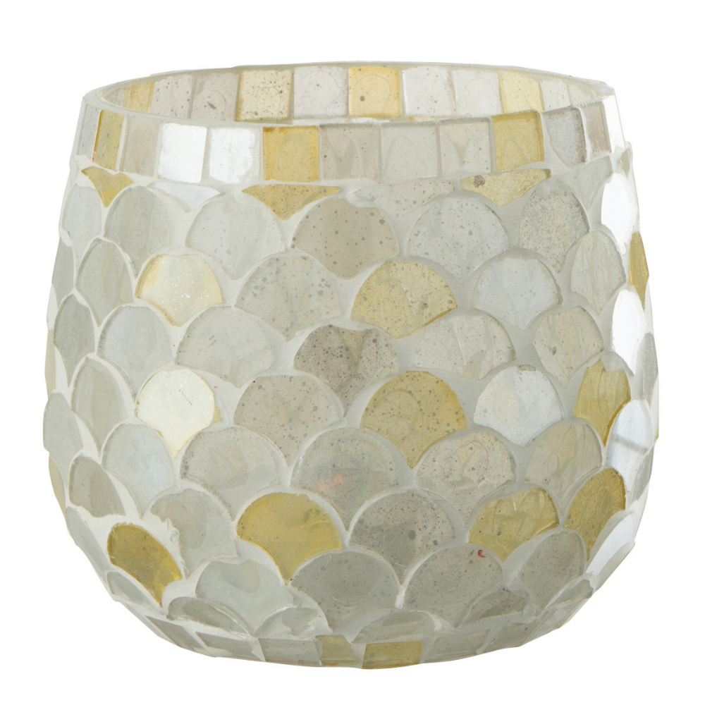 Bougeoir J-Line Mosaic en verre blanc et jaune clair, vue de face
