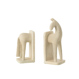 Serre-livres J-Line cheval moderne - polyrésine - beige - lot de 2