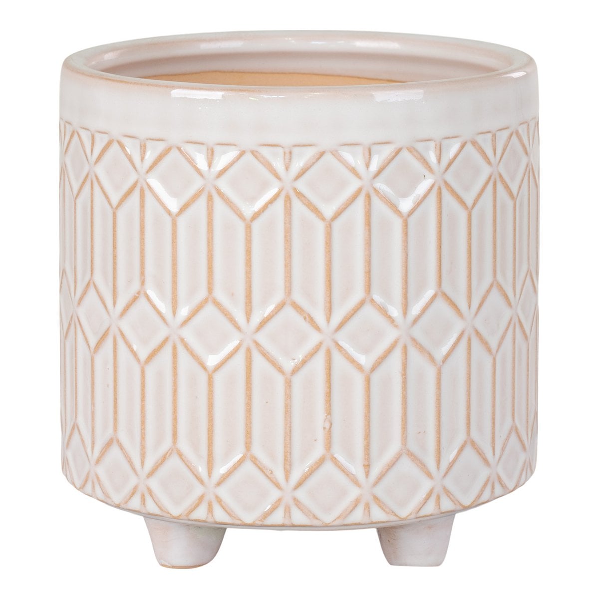 Pot de fleurs en grès blanc avec motif géométrique, vue de face