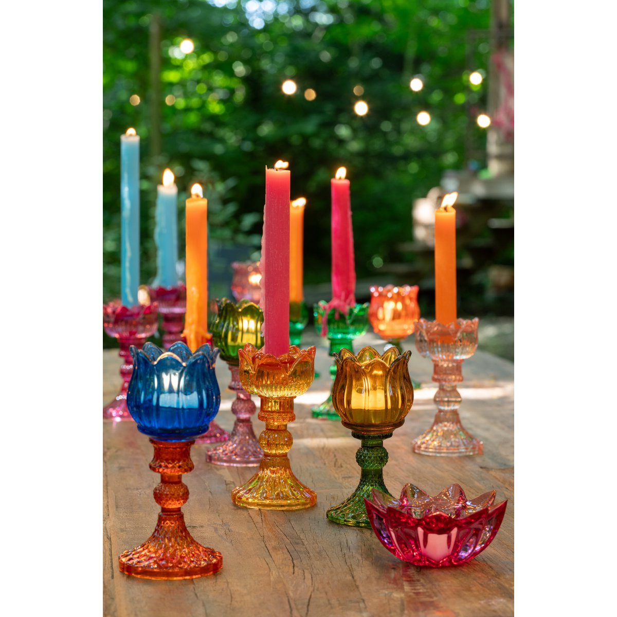 Coffret de 6 bougies de table fuchsia J-Line, vue de face avec détails de couleur