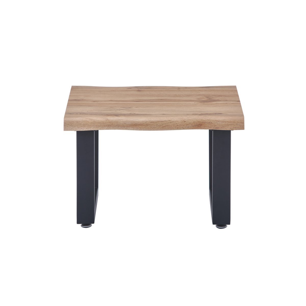 Vue de côté de la table basse design industriel en chêne et métal