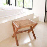 Grand tabouret en bois INDRA (beige) en Trembesi avec une surface d'assise en papier recyclé tissé