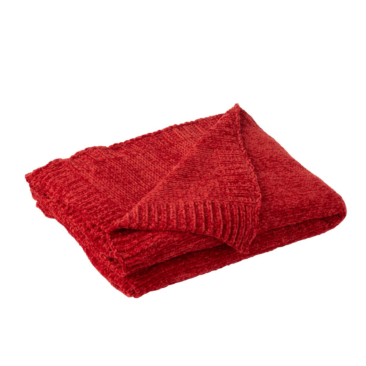 Couverture J-Line en chenille rouge vue de face, élégante et douce.