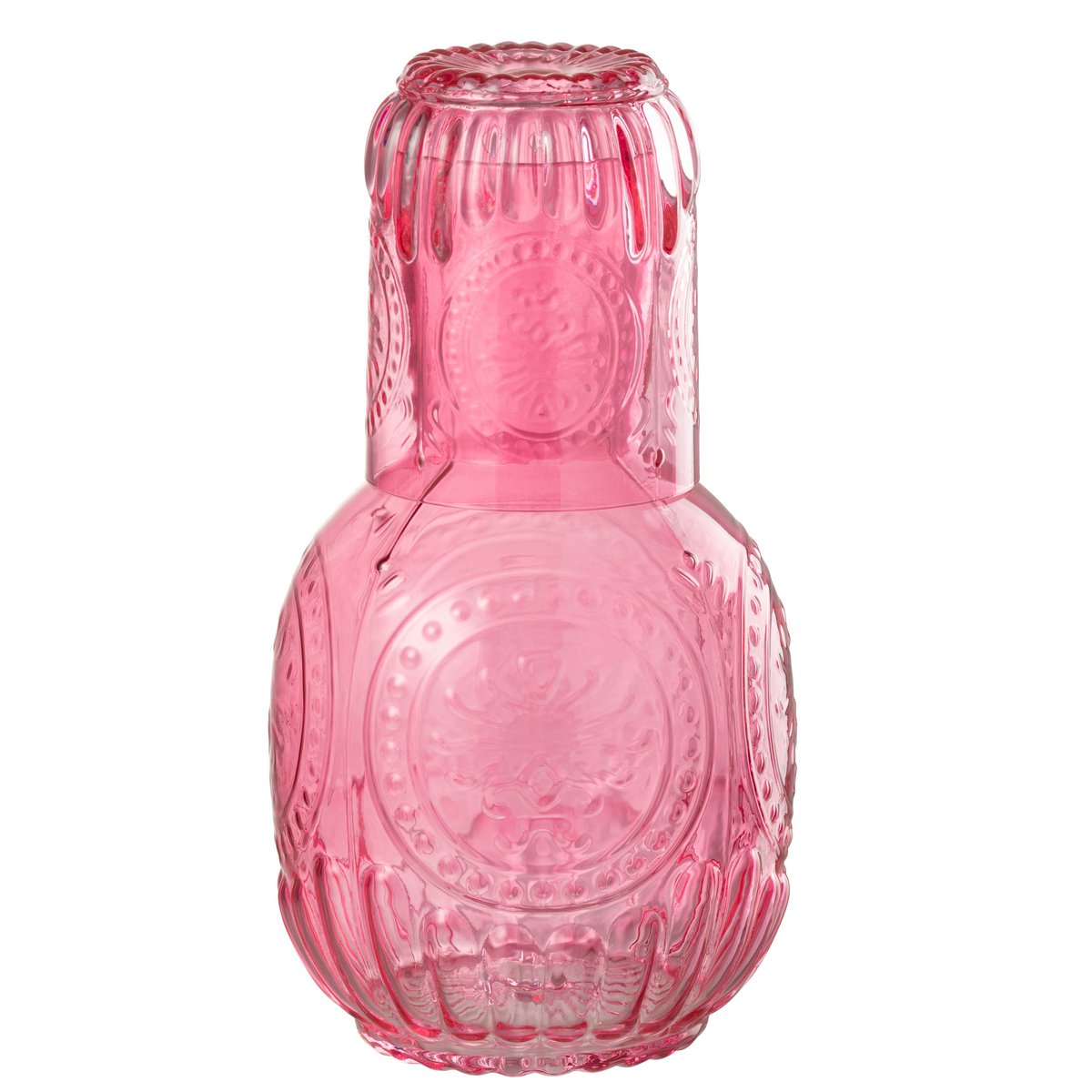 Carafe J-Line en verre fuchsia, mise en scène sur une table élégante.