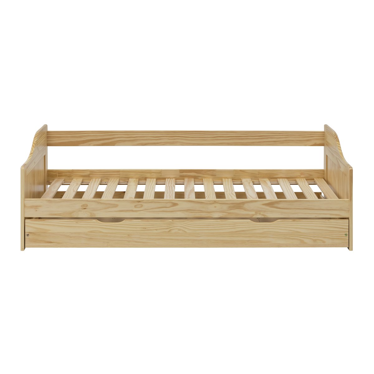 Lit simple en bois naturel avec tiroir intégré, vue de face