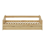 Lit simple en bois naturel avec tiroir intégré, vue de face